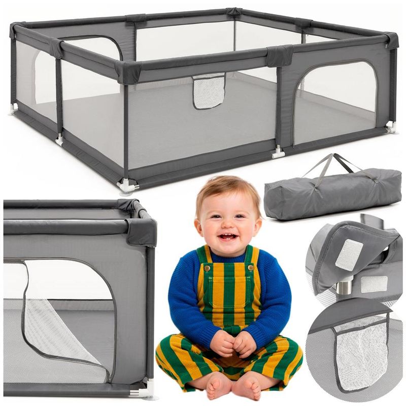 Petshop - Accesorii petshop - Culcusuri si custi - Tarcuri si colivii - Tarc joaca pliabil copii intrare fermoar plasa protectie, 200x180x66 cm, sigur, gri - Infinity.ro