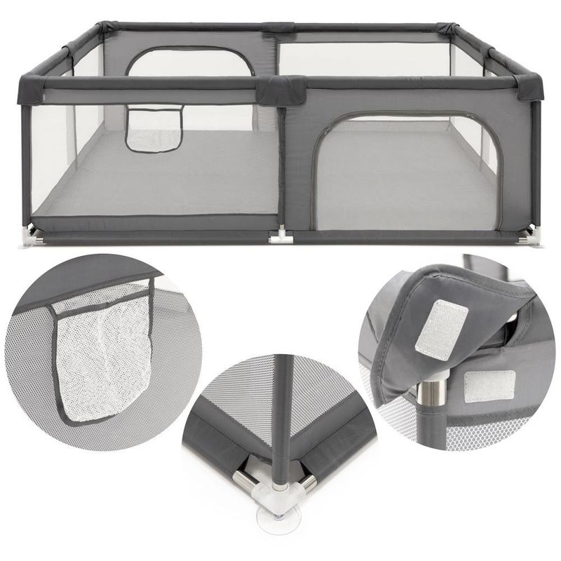 Petshop - Accesorii petshop - Culcusuri si custi - Tarcuri si colivii - Tarc joaca pliabil copii intrare fermoar plasa protectie, 200x180x66 cm, sigur, gri - Infinity.ro