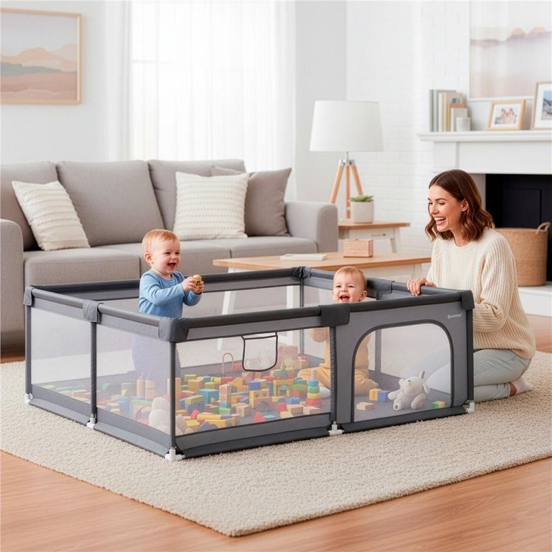 Petshop - Accesorii petshop - Culcusuri si custi - Tarcuri si colivii - Tarc joaca pliabil copii intrare fermoar plasa protectie, 200x180x66 cm, sigur, gri - Infinity.ro