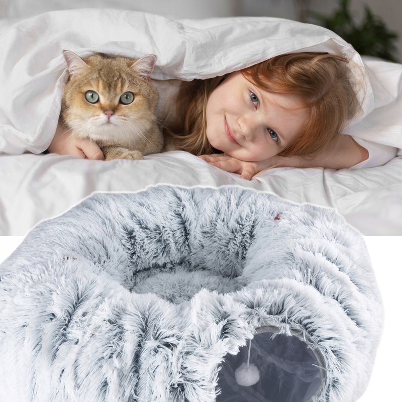 Petshop - Accesorii petshop - Jucarii animale - Ansambluri de joaca - Tunel joaca pisici plus transformabil in pat rotund, 85 cm, flexibil complet, gri - Infinity.ro