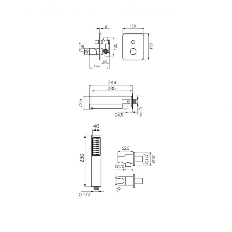 Casa si Gradina - Sanitare - Lavoar baie si accesorii - Baterii sanitare - Baterie cada FDesign Meandro FD1-MDR-7PSET1-11, 1/2'', incastrata, diverter, set de dus, 1 pulverizare, crom - Infinity.ro