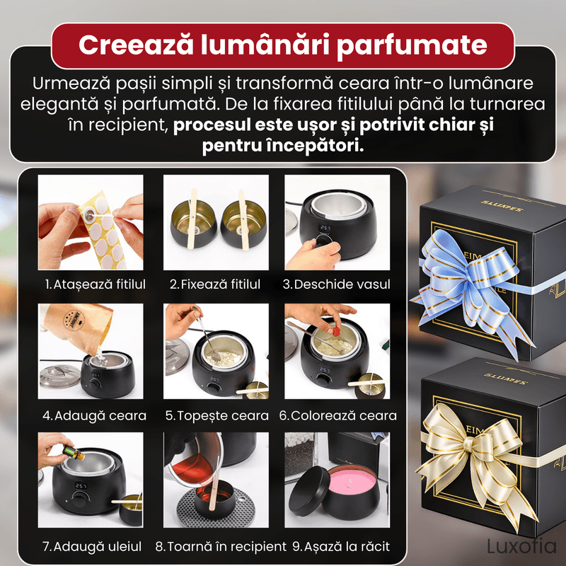 Casa si Gradina - Decoratiuni - Aromaterapie si lumanari - Lumanari si candele - Set complet pentru confectionare lumanari parfumate din soia, Luxofia, aparat topire cu control temperatura - Infinity.ro