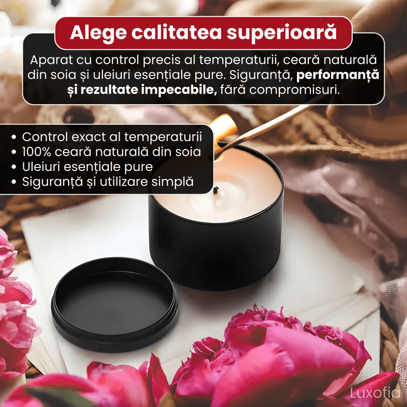 Casa si Gradina - Decoratiuni - Aromaterapie si lumanari - Lumanari si candele - Set complet pentru confectionare lumanari parfumate din soia, Luxofia, aparat topire cu control temperatura - Infinity.ro