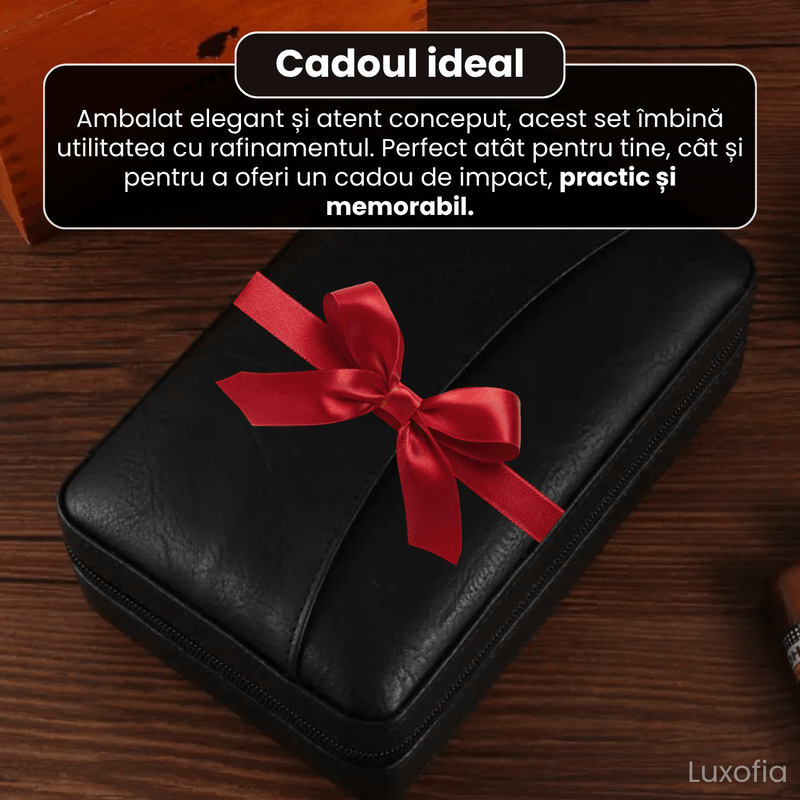 Market - Tutun si tigari - Articole si accesorii tutun - Humidor portabil trabucuri, Luxofia, 6 trabucuri, lemn cedru, bricheta, husa piele, set premium cadou, negru - Infinity.ro