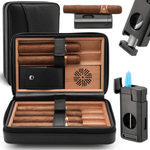 Market - Tutun si tigari - Articole si accesorii tutun - Humidor portabil trabucuri, Luxofia, 6 trabucuri, lemn cedru, bricheta, husa piele, set premium cadou, negru - Infinity.ro