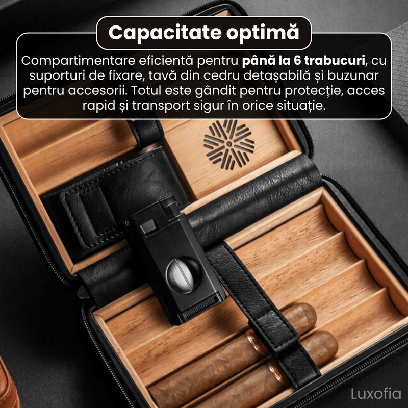 Market - Tutun si tigari - Articole si accesorii tutun - Humidor portabil trabucuri , Luxofia, 6 trabucuri, lemn cedru,  bricheta, set premium cadou, maro - Infinity.ro
