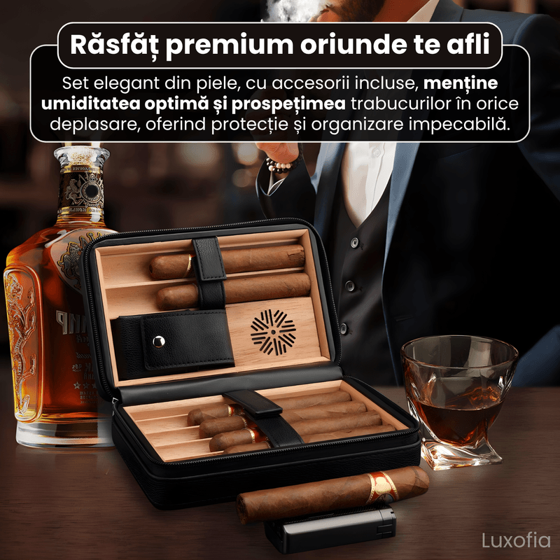 Market - Tutun si tigari - Articole si accesorii tutun - Humidor portabil trabucuri , Luxofia, 6 trabucuri, lemn cedru,  bricheta, set premium cadou, maro - Infinity.ro