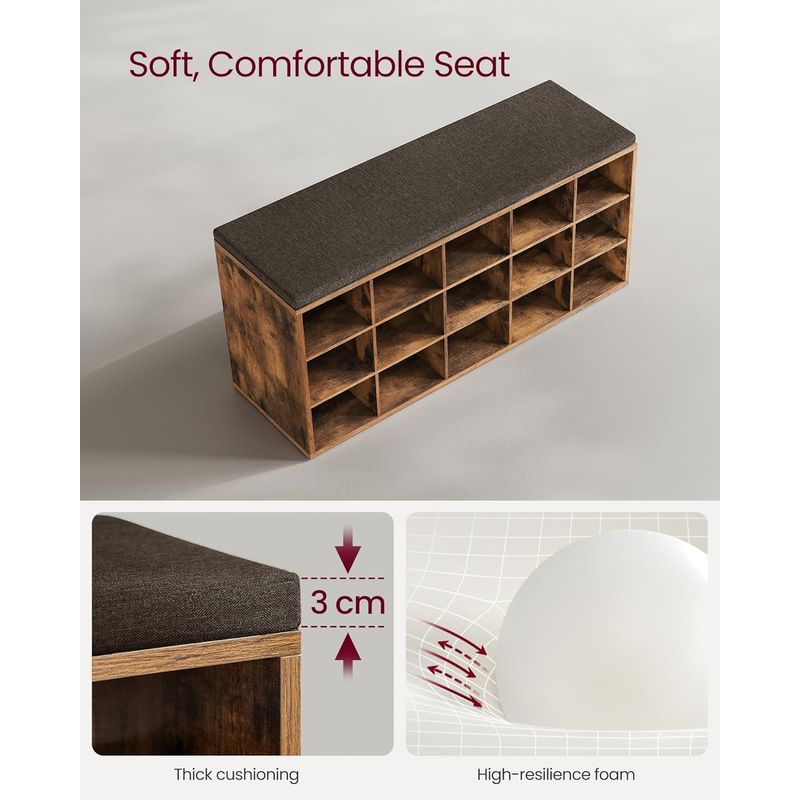 Casa si Gradina - Mobilier - Dulapuri si sifoniere - Dulapuri pantofi - Banca pentru hol cu suport pentru pantofi, 15 compartimente, cu perna, 30x105x48cm, maro rustic - Infinity.ro