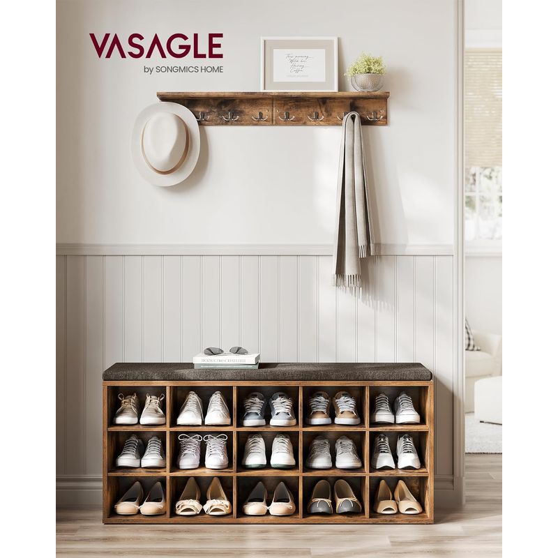 Casa si Gradina - Mobilier - Dulapuri si sifoniere - Dulapuri pantofi - Banca pentru hol cu suport pentru pantofi, 15 compartimente, cu perna, 30x105x48cm, maro rustic - Infinity.ro