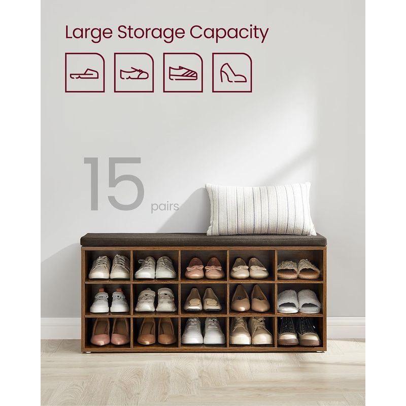 Casa si Gradina - Mobilier - Dulapuri si sifoniere - Dulapuri pantofi - Banca pentru hol cu suport pentru pantofi, 15 compartimente, cu perna, 30x105x48cm, maro rustic - Infinity.ro
