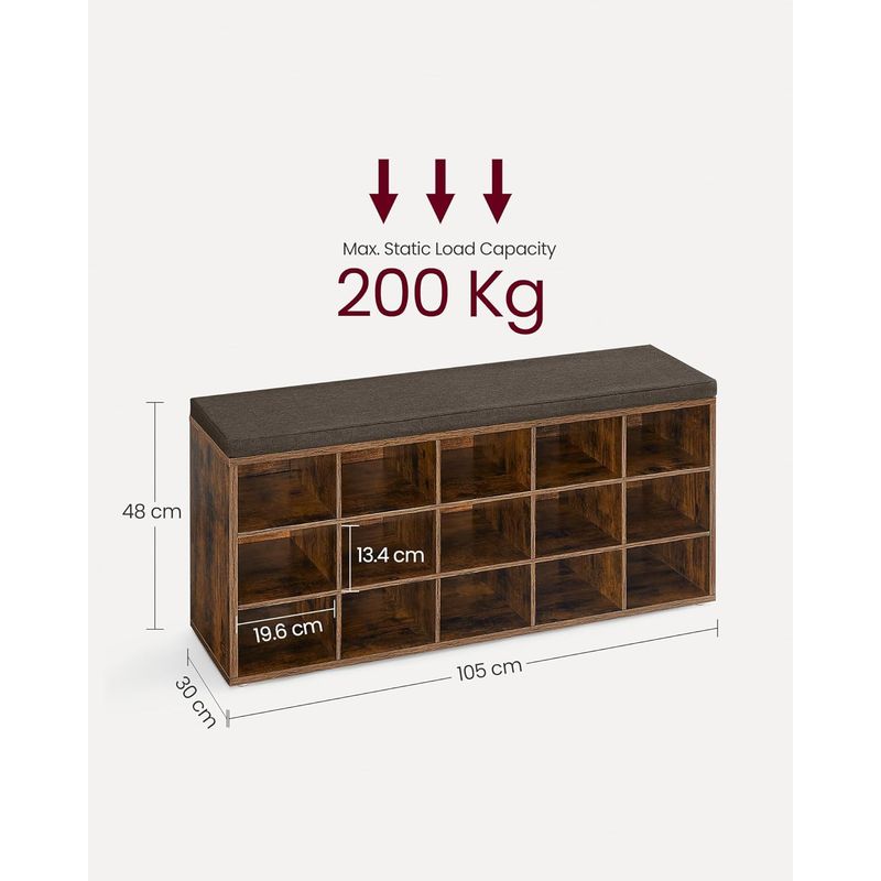 Casa si Gradina - Mobilier - Dulapuri si sifoniere - Dulapuri pantofi - Banca pentru hol cu suport pentru pantofi, 15 compartimente, cu perna, 30x105x48cm, maro rustic - Infinity.ro
