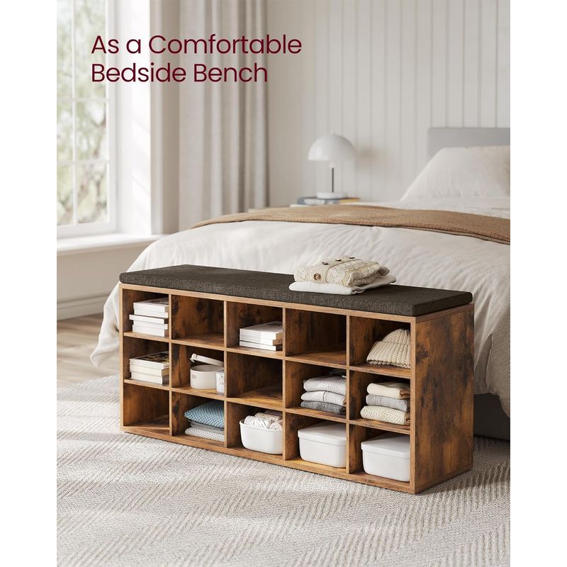 Casa si Gradina - Mobilier - Dulapuri si sifoniere - Dulapuri pantofi - Banca pentru hol cu suport pentru pantofi, 15 compartimente, cu perna, 30x105x48cm, maro rustic - Infinity.ro