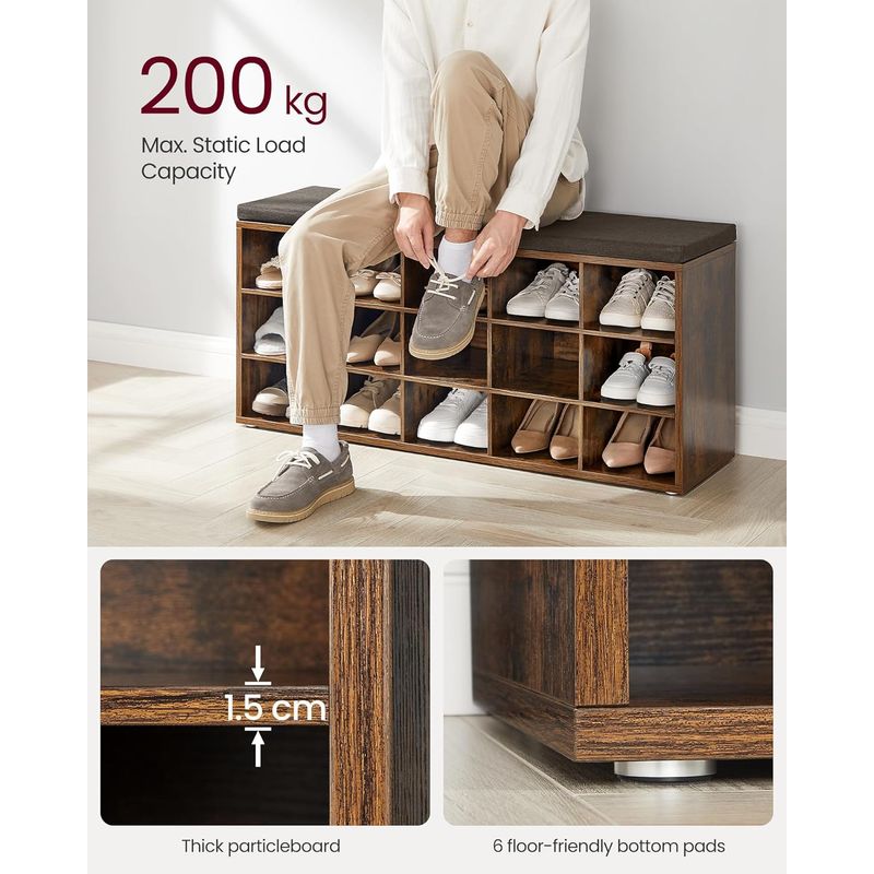 Casa si Gradina - Mobilier - Dulapuri si sifoniere - Dulapuri pantofi - Banca pentru hol cu suport pentru pantofi, 15 compartimente, cu perna, 30x105x48cm, maro rustic - Infinity.ro