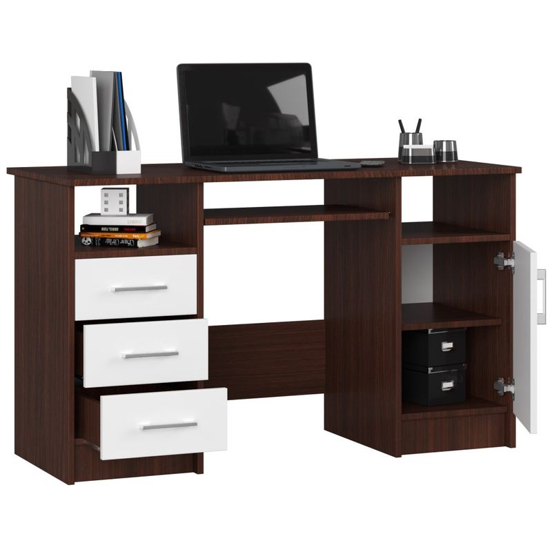 Casa si Gradina - Mobilier - Mese si birouri - Birouri - Birou computer pal 3 sertare si dulap, 124x52x74 cm, polita tastatura, maro wenge si alb - Infinity.ro