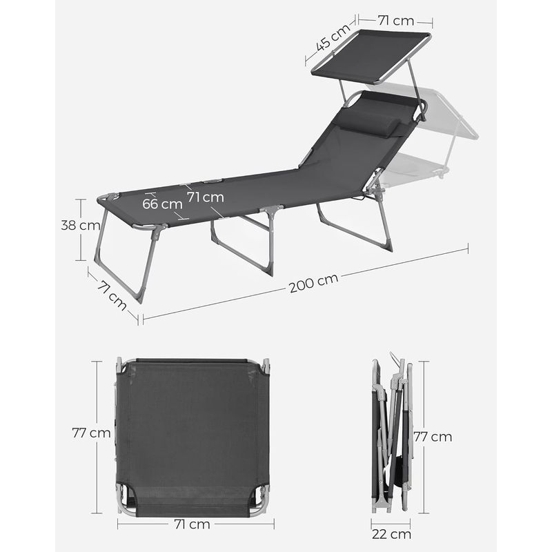 Casa si Gradina - Gradina si terasa - Mobilier exterior - Scaune si sezlonguri gradina - Sezlong pliabil cu parasolar si tetiera, spatar reglabil 4 pozitii, tesatura sintetica respirabila, max 150 kg - Infinity.ro