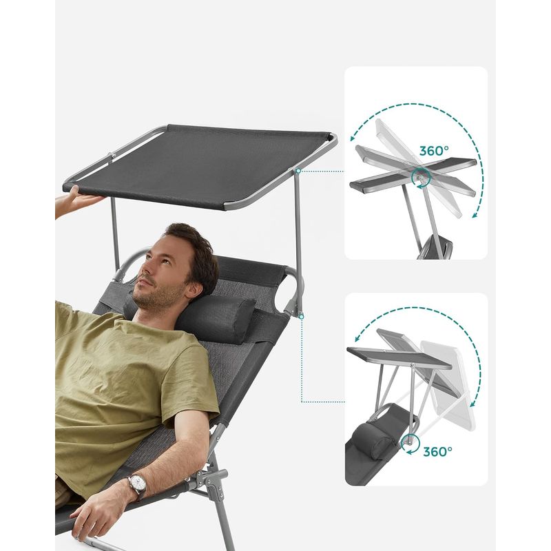 Casa si Gradina - Gradina si terasa - Mobilier exterior - Scaune si sezlonguri gradina - Sezlong pliabil cu parasolar si tetiera, spatar reglabil 4 pozitii, tesatura sintetica respirabila, max 150 kg - Infinity.ro