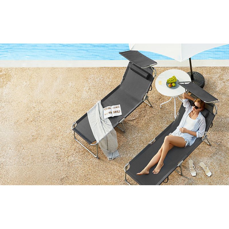 Casa si Gradina - Gradina si terasa - Mobilier exterior - Scaune si sezlonguri gradina - Sezlong pliabil cu parasolar si tetiera, spatar reglabil 4 pozitii, tesatura sintetica respirabila, max 150 kg - Infinity.ro