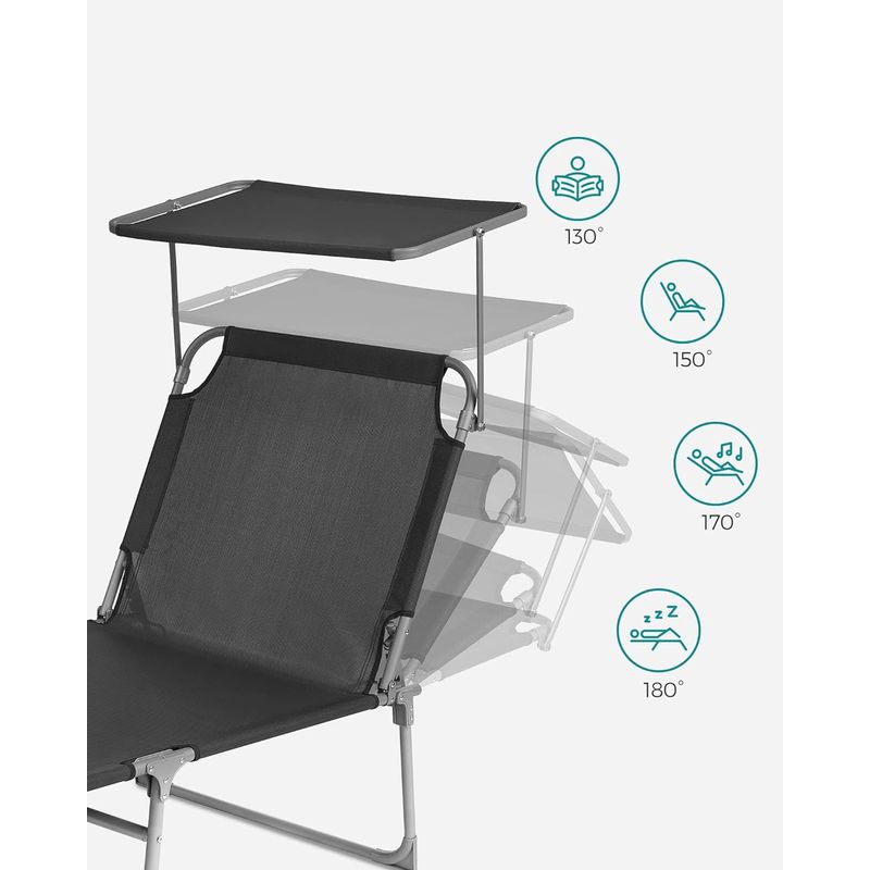 Casa si Gradina - Gradina si terasa - Mobilier exterior - Scaune si sezlonguri gradina - Sezlong pliabil cu parasolar si tetiera, spatar reglabil 4 pozitii, tesatura sintetica respirabila, max 150 kg - Infinity.ro