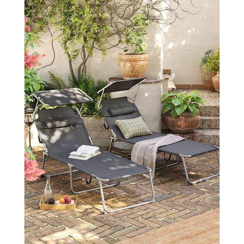 Casa si Gradina - Gradina si terasa - Mobilier exterior - Scaune si sezlonguri gradina - Sezlong pliabil cu parasolar si tetiera, spatar reglabil 4 pozitii, tesatura sintetica respirabila, max 150 kg - Infinity.ro
