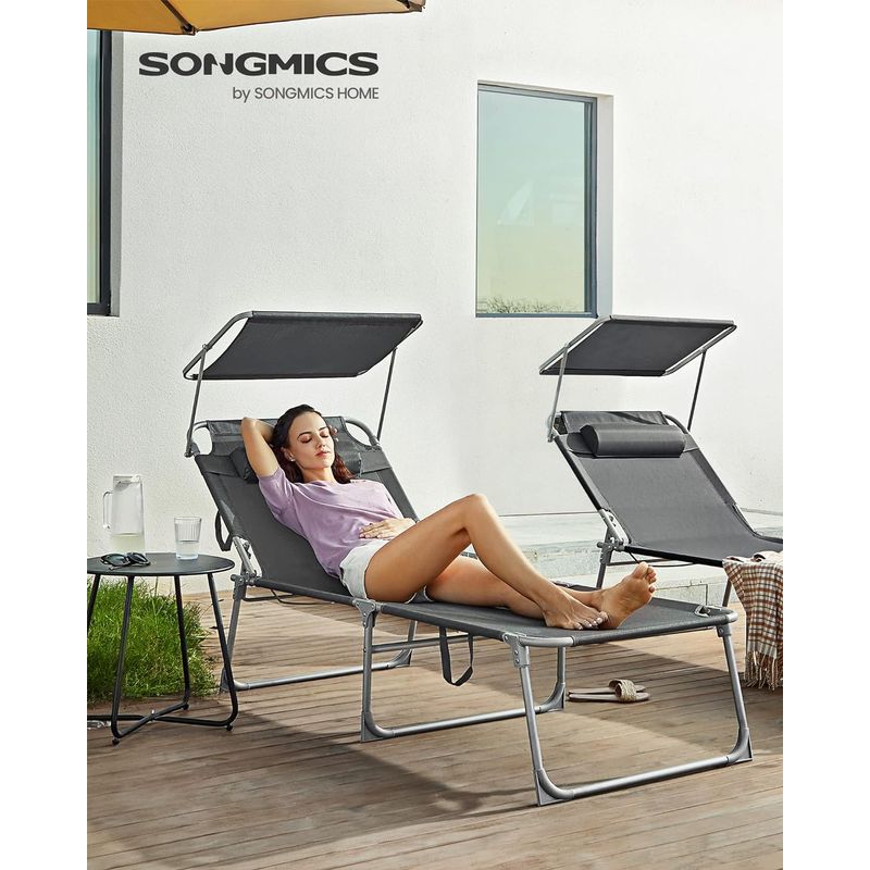 Casa si Gradina - Gradina si terasa - Mobilier exterior - Scaune si sezlonguri gradina - Sezlong pliabil cu parasolar si tetiera, spatar reglabil 4 pozitii, tesatura sintetica respirabila, max 150 kg - Infinity.ro