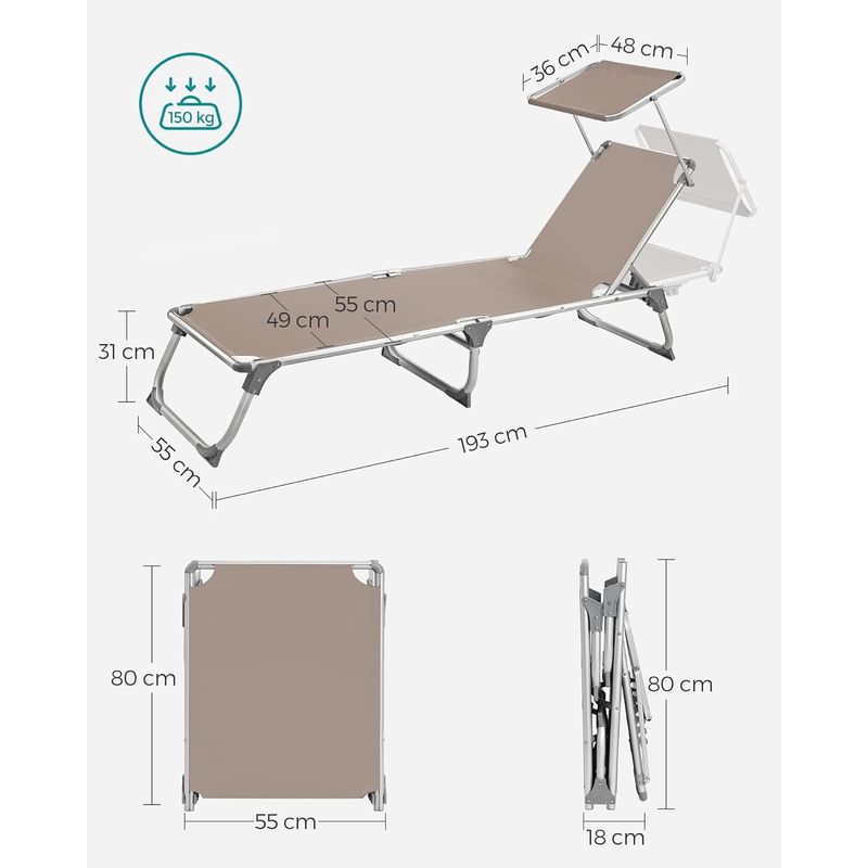 Casa si Gradina - Gradina si terasa - Mobilier exterior - Scaune si sezlonguri gradina - Sezlong pliabil cu parasolar, spatar reglabil 5 pozitii, cadru aluminiu, max 150 kg, 193x55x31 cm, taupe - Infinity.ro