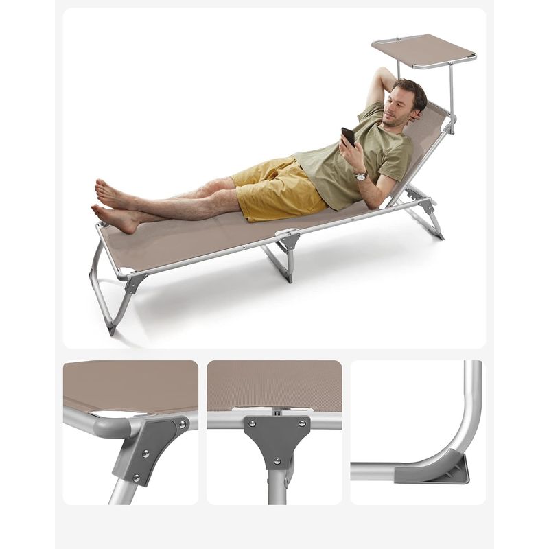 Casa si Gradina - Gradina si terasa - Mobilier exterior - Scaune si sezlonguri gradina - Sezlong pliabil cu parasolar, spatar reglabil 5 pozitii, cadru aluminiu, max 150 kg, 193x55x31 cm, taupe - Infinity.ro