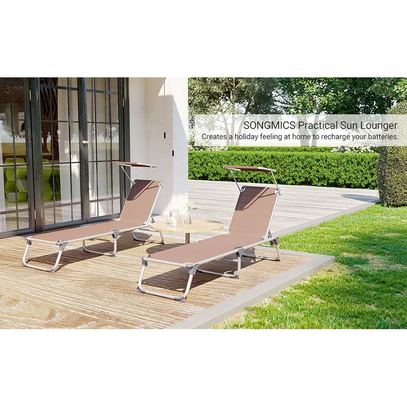 Casa si Gradina - Gradina si terasa - Mobilier exterior - Scaune si sezlonguri gradina - Sezlong pliabil cu parasolar, spatar reglabil 5 pozitii, cadru aluminiu, max 150 kg, 193x55x31 cm, taupe - Infinity.ro