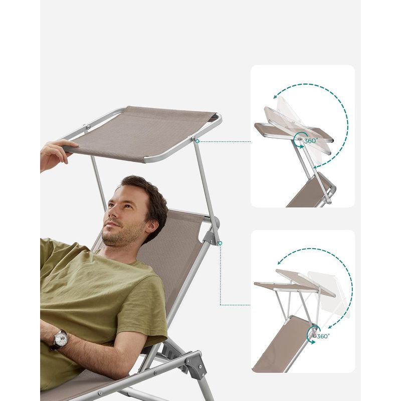 Casa si Gradina - Gradina si terasa - Mobilier exterior - Scaune si sezlonguri gradina - Sezlong pliabil cu parasolar, spatar reglabil 5 pozitii, cadru aluminiu, max 150 kg, 193x55x31 cm, taupe - Infinity.ro