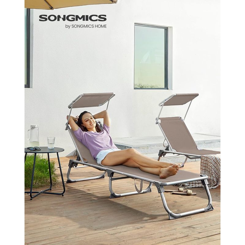 Casa si Gradina - Gradina si terasa - Mobilier exterior - Scaune si sezlonguri gradina - Sezlong pliabil cu parasolar, spatar reglabil 5 pozitii, cadru aluminiu, max 150 kg, 193x55x31 cm, taupe - Infinity.ro