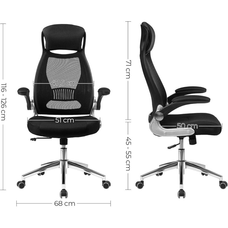 Casa si Gradina - Mobilier - Scaune si fotolii - Scaune - Scaun de birou ergonomic cu tetiera si brate rabatabile, spatar mesh, maxim 120 kg, 68x116-126 cm, negru - Infinity.ro