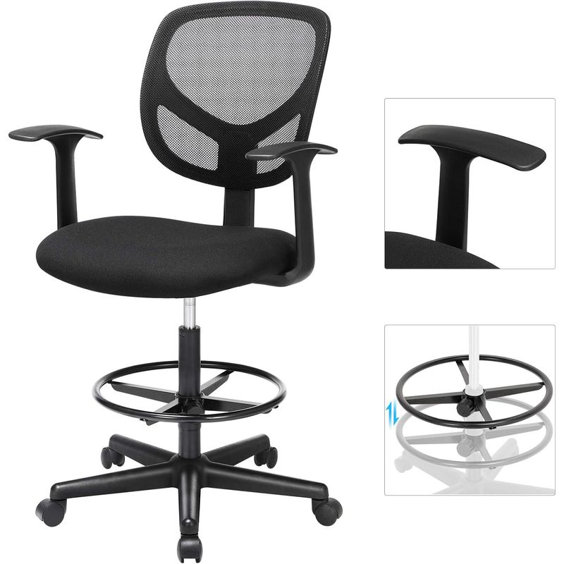 Casa si Gradina - Mobilier - Scaune si fotolii - Scaune - Scaun de birou inalt, rotativ, suport picioare reglabil, ajustare pe inaltime 55-75 cm, 64x64x97 cm, negru - Infinity.ro