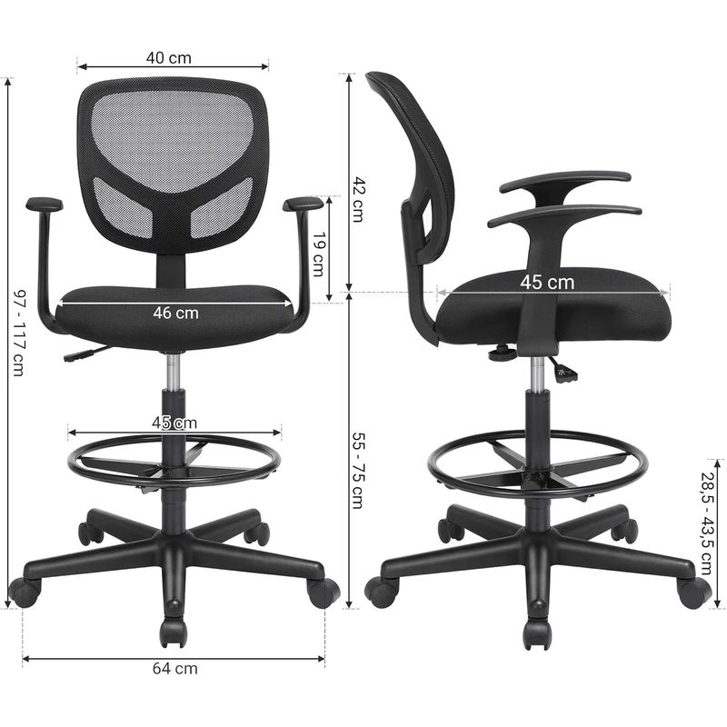 Casa si Gradina - Mobilier - Scaune si fotolii - Scaune - Scaun de birou inalt, rotativ, suport picioare reglabil, ajustare pe inaltime 55-75 cm, 64x64x97 cm, negru - Infinity.ro