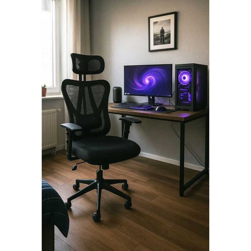 Casa si Gradina - Mobilier - Scaune si fotolii - Scaune - Scaun birou ergonomic, reglabil, cu suport lombar si tetiera, plasa mesh, maxim 120 kg, 50x50x126 cm, negru - Infinity.ro