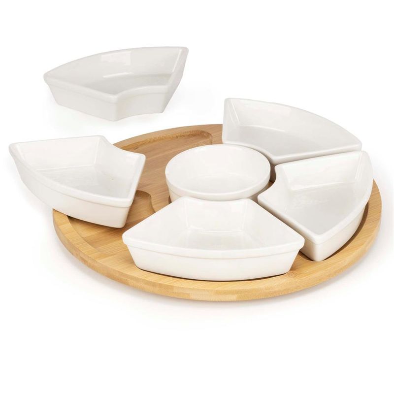 Casa si Gradina - Mobilier - Seturi de mobilier - Seturi bucatarie - Set servire rotativ platou bambus 6 boluri portelan mecanism 360, 30 cm diametru, natural alb - Infinity.ro