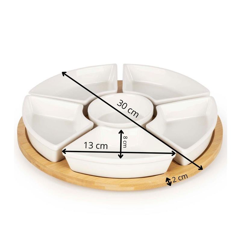 Casa si Gradina - Mobilier - Seturi de mobilier - Seturi bucatarie - Set servire rotativ platou bambus 6 boluri portelan mecanism 360, 30 cm diametru, natural alb - Infinity.ro