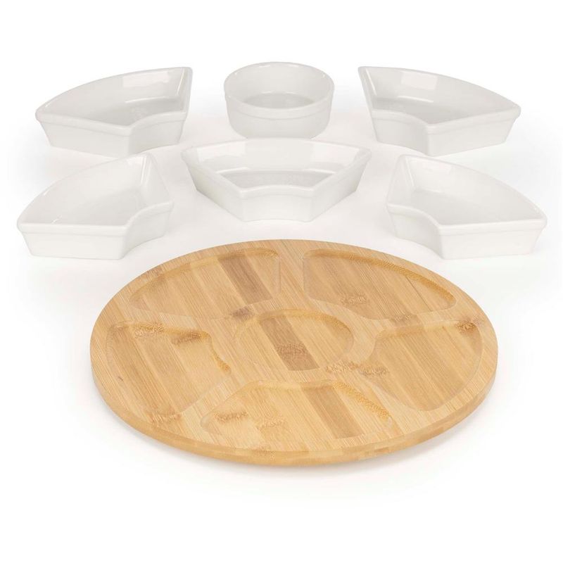 Casa si Gradina - Mobilier - Seturi de mobilier - Seturi bucatarie - Set servire rotativ platou bambus 6 boluri portelan mecanism 360, 30 cm diametru, natural alb - Infinity.ro