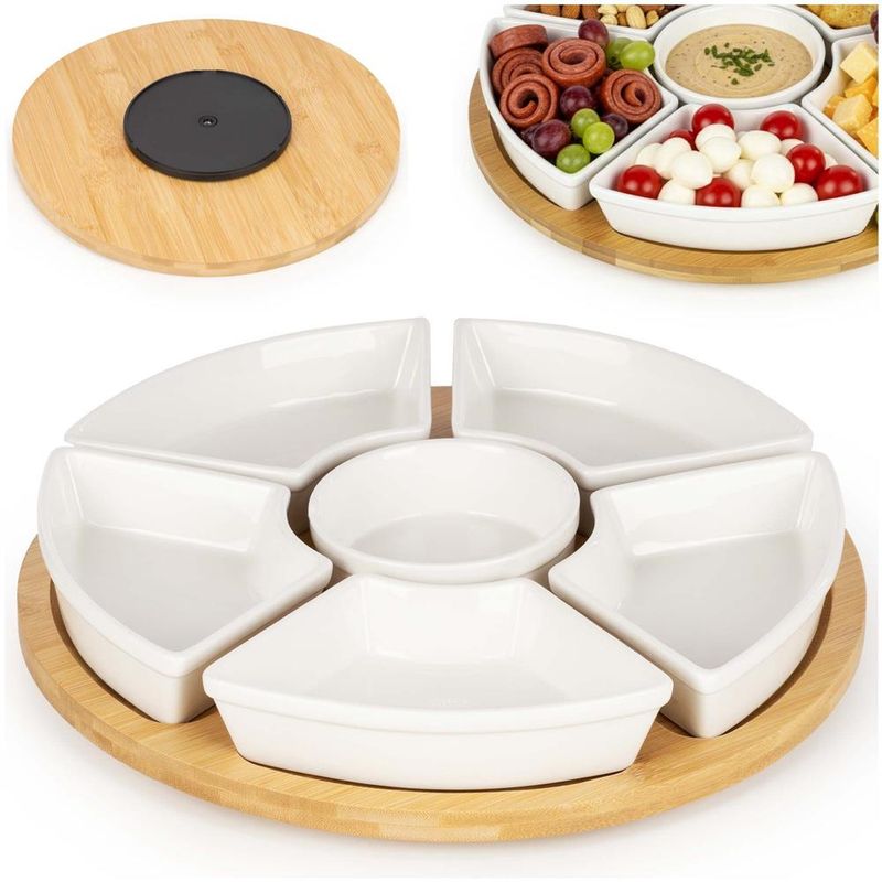 Casa si Gradina - Mobilier - Seturi de mobilier - Seturi bucatarie - Set servire rotativ platou bambus 6 boluri portelan mecanism 360, 30 cm diametru, natural alb - Infinity.ro