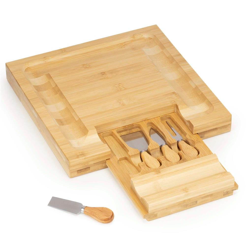 Set servire branzeturi platou bambus sertar glisant 4 accesorii, 33x33x4 cm, compact, maro natur