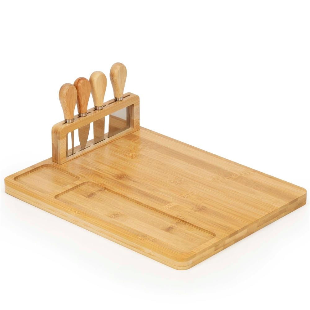 Set servire branzeturi platou bambus suport cutite 4 accesorii, 35x28x8 cm, design natural, maro natur