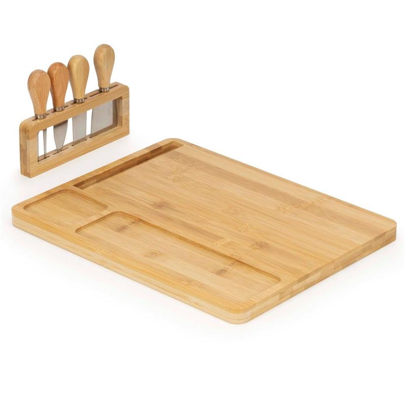 Casa si Gradina - Mobilier - Seturi de mobilier - Seturi bucatarie - Set servire branzeturi platou bambus suport cutite 4 accesorii, 35x28x8 cm, design natural, maro natur - Infinity.ro