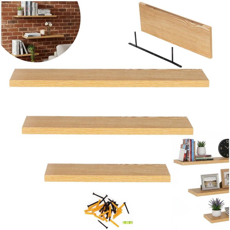 Casa si Gradina - Mobilier - Mobilier baie - Corpuri baie - Set 3 rafturi plutitoare perete mdf suport metalic 30 45 60 cm, 15 cm adancime, design modern, maro - Infinity.ro