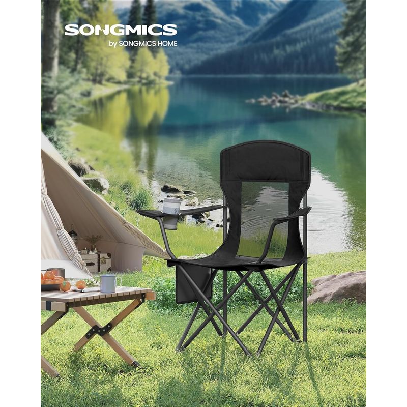 Casa si Gradina - Mobilier - Scaune si fotolii - Scaune - Set 2 scaune pliabile camping cu spatar inalt si suport bauturi, husa transport, 150 kg, 52x87x97 cm, negru - Infinity.ro
