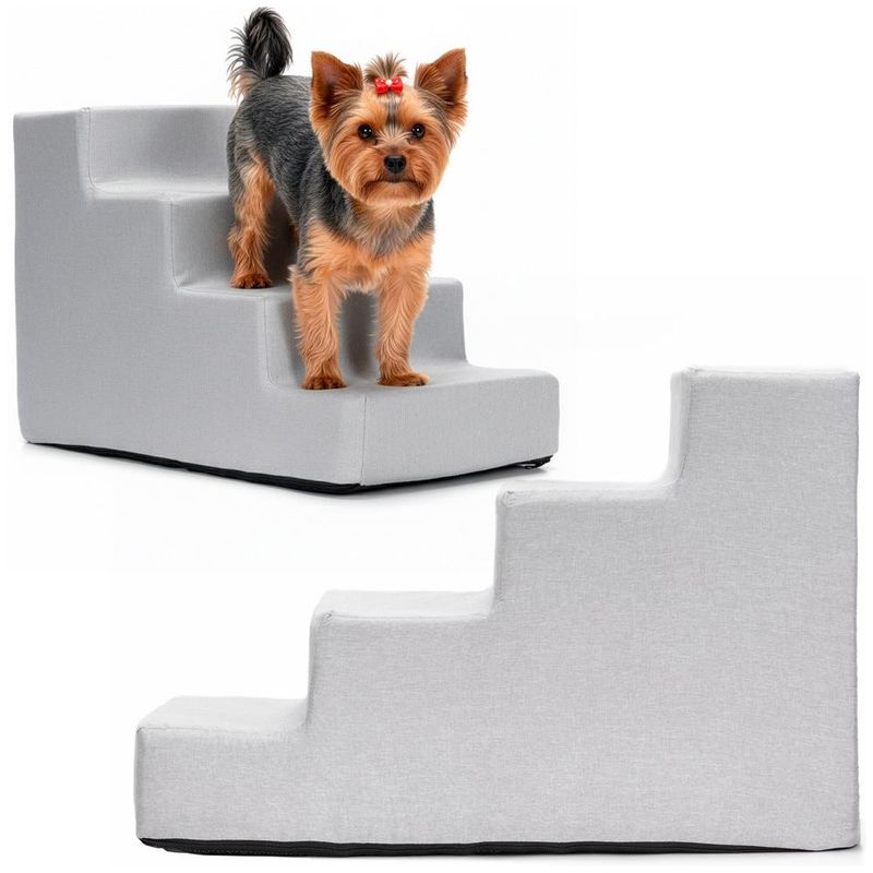 Petshop - Accesorii petshop - Culcusuri si custi - Accesorii culcusuri si custi - Scara pentru animale de companie, caini sau pisici, 4 trepte, husa detasabila, inaltime 40 cm, gri deschis - Infinity.ro