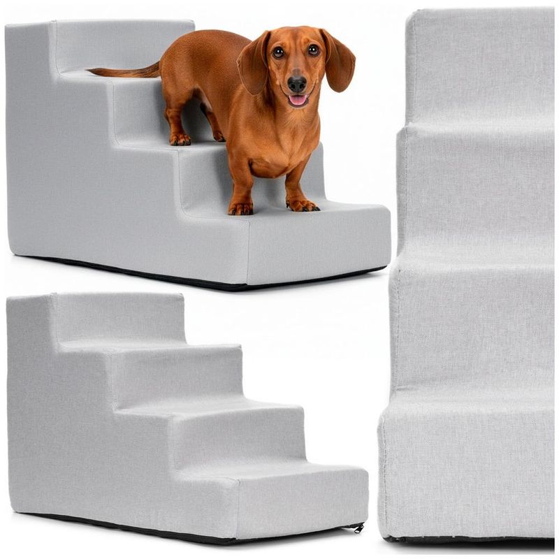 Petshop - Accesorii petshop - Culcusuri si custi - Accesorii culcusuri si custi - Scara pentru animale de companie, caini sau pisici, 4 trepte, husa detasabila, inaltime 40 cm, gri deschis - Infinity.ro