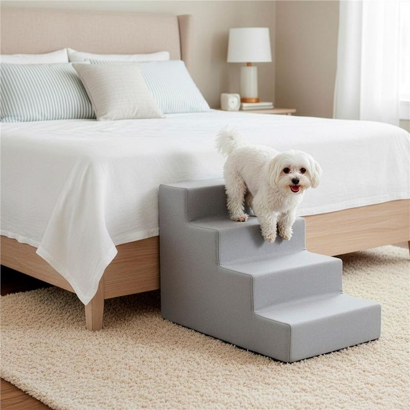 Petshop - Accesorii petshop - Culcusuri si custi - Accesorii culcusuri si custi - Scara pentru animale de companie, caini sau pisici, 4 trepte, husa detasabila, inaltime 40 cm, gri deschis - Infinity.ro