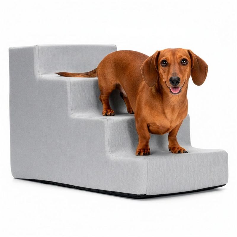 Petshop - Accesorii petshop - Culcusuri si custi - Accesorii culcusuri si custi - Scara pentru animale de companie, caini sau pisici, 4 trepte, husa detasabila, inaltime 40 cm, gri deschis - Infinity.ro