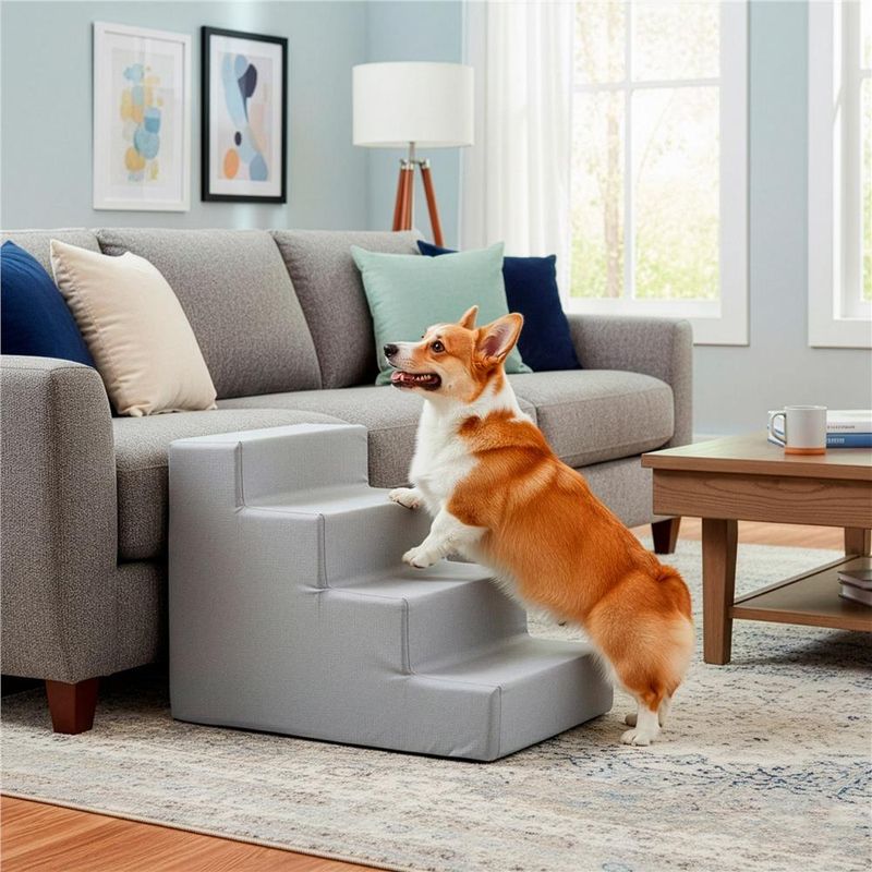 Petshop - Accesorii petshop - Culcusuri si custi - Accesorii culcusuri si custi - Scara pentru animale de companie, caini sau pisici, 4 trepte, husa detasabila, inaltime 40 cm, gri deschis - Infinity.ro