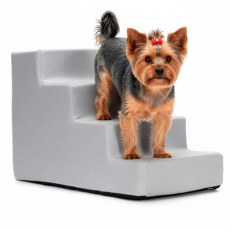 Petshop - Accesorii petshop - Culcusuri si custi - Accesorii culcusuri si custi - Scara pentru animale de companie, caini sau pisici, 4 trepte, husa detasabila, inaltime 40 cm, gri deschis - Infinity.ro