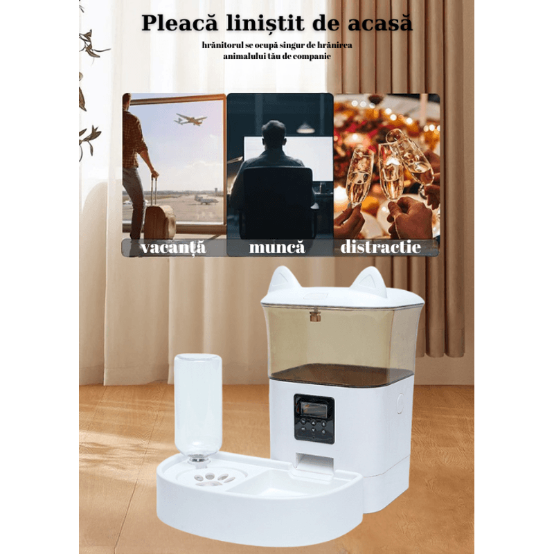 Petshop - Accesorii petshop - Castroane si adapatori - Hranitor si Adapator Automat pentru Animale – Programabil, Cu Incarcare Duala, 4L (Hrana) + 1.5L (Apa) - Infinity.ro