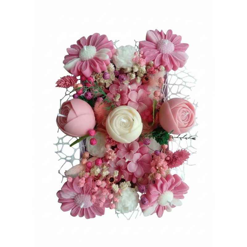Casa si Gradina - Decoratiuni - Aromaterapie si lumanari - Lumanari si candele - Aranjament Floral cu Lumanari Parfumate în Poseta Violet, Flori Roz, 10x10, 5x15cm - Infinity.ro